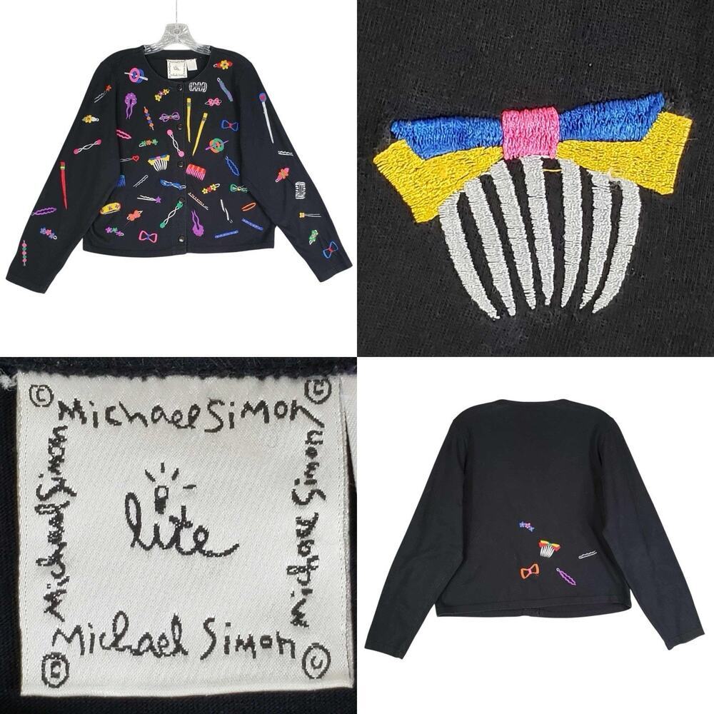 Vtg Michael Simon Lite Cardigan Size Medium Appliqué Hairdresser Black Colorful